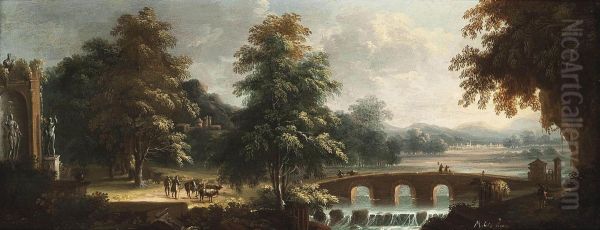 A Wooded River Landscape With Drovers And Their Herd Beside Classical Ruins And Travellers Crossing A Bridge - view 1