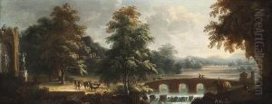 A Wooded River Landscape With Drovers And Their Herd Beside Classical Ruins And Travellers Crossing A Bridge by Michele Pagano
