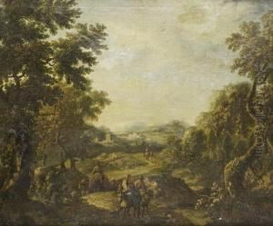 A Wooded Landscape With Peasants On Theirmules Travelling On A Country Path
