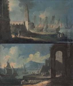 Marina Con Ruderi, Velieri E Figure by Michele Pagano