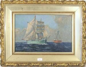 Marine Scene With Square Riggedship And Weather Ship by Edward A. Page