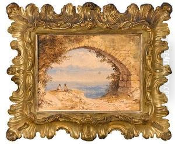 A View Of A Bay With Two Figures Seated In Theforeground - view 1
