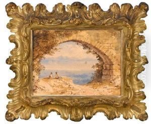 A View Of A Bay With Two Figures Seated In Theforeground A View Of A Bay With Two Figures Seated In Theforeground