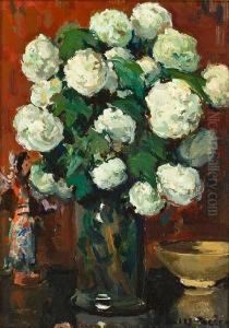 Still Life With Pink An Yellow Roses In A Vase; Still Life With White Flowers In A Vase (a Pair) by Jules Eugene Pages