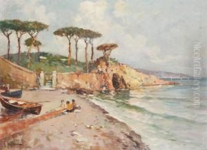 Mediterranean Coastal View With Figures by Arturo Pagliai