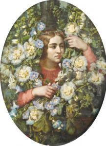 Portait De Femme Parmi Des Roses Tremieres by Marie Octavie Sturel Paigne