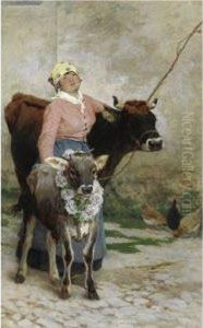 Fanciulla Con Mucca E Vitello by Pietro Pajetta