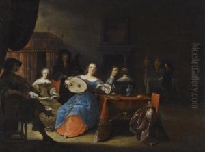 An Elegant Company Making Music In An Interior by Antonie Palamedesz