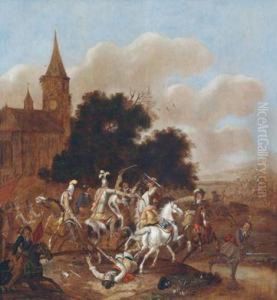 Reitergefecht Vor Einer Dorfkirche