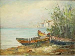 Expressionist Island Shore View With Boats Expressionist Island Shore View With Boats