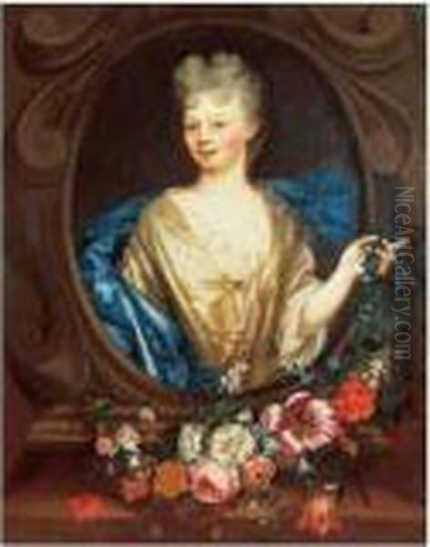 Portrait De Jeune Femme Dans Un OEil-de-boeuf, Tenant Une Guirlande De Fleurs - view 1