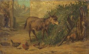 A Donkey And Chickens In A Farmyard by Filippo Palizzi