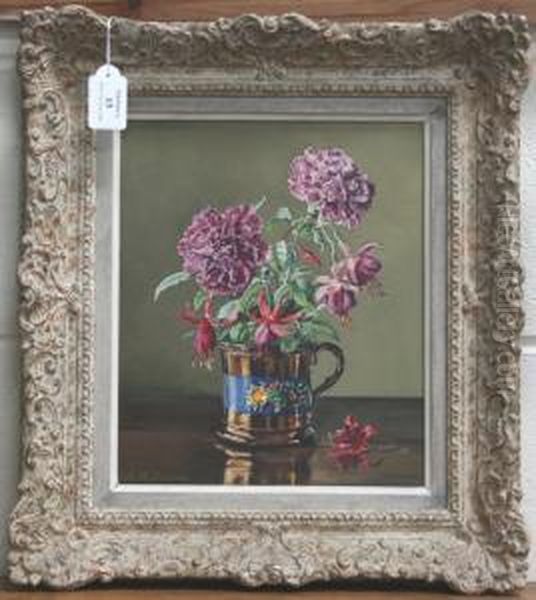 Still Life Study Of Carnations And Fuchsia In A Lustre Mug - view 1