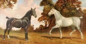 A Grey And Abay In A Landscape, Believed To Be Buchanan And Co's Tradehorses by James Lynwood Palmer