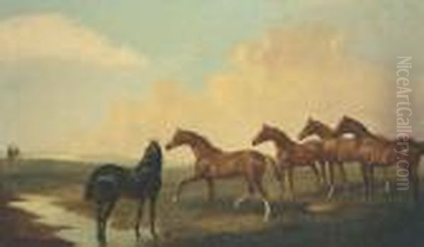 Horses In An Extensive Landscape With Figures Beyond by James Lynwood Palmer