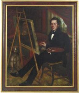 Self-portrait Of The Artist At His Easel, His Dog Seated Beneath An Empire Center Table