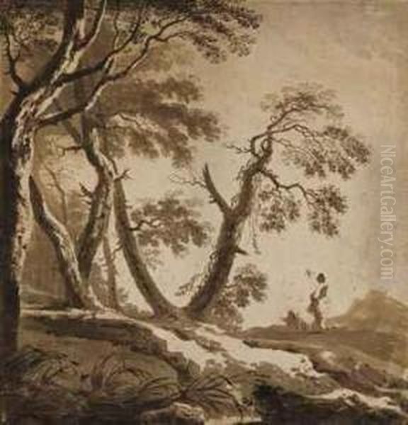 A Wooded Landscape With A Shepherdess On A Wooded Path - view 1
