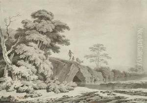Paysans Avec Un Boeuf Sur Un Pont Dans Un Paysage by Giuseppe Palmieri