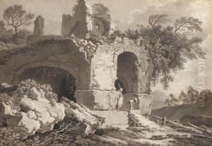 A Peasant Family And Their Animals Among Classical Ruins by Giuseppe Palmieri