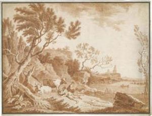 Coastal Scene With Peasants, Cattle And A Distant Castle by Giuseppe Palmieri