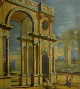 Large Architectural Vista With Figures by Pietro (Il Mirandolese) Paltronieri