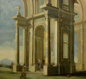 Large Architectural Vista With Figures by Pietro (Il Mirandolese) Paltronieri