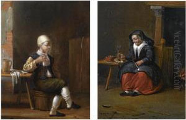 A Man Sitting At A Table And Smoking In An Inn; An Elderly Woman Smoking And Holding A Wine Glass In An Inn - view 1