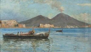 Fishing Boats In The Bay Of Naples, Vesuvius Beyond by Luigi Palumbo