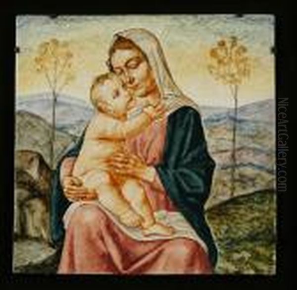 "madonna Con Bambino" 1948. Piastrella In Ceramica Dipinta In Policromia Firmata E Datata In Basso A Destra - view 1