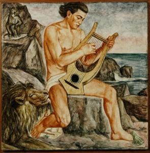 "suonatore Di Cetra" 1943. Piastrella In Ceramica Dipinta In Policromia Firmata E Datata In Basso A Destra by Alessandro Pandolfi