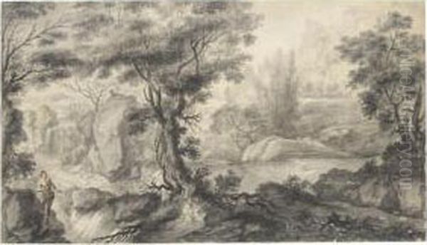 Wooded River Landscape With Two Figures - view 1