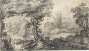 Wooded River Landscape With Two Figures by Romolo Panfi