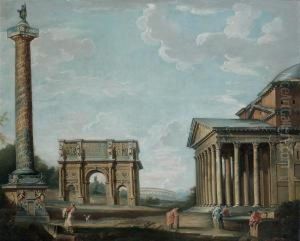 La Colonne Trajane, L'arc De Constantin Et Le Pantheon Dans Un Caprice Architectural