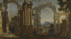 A Fluvial Architectural Capriccio With Christ Healing The Blind Man by Giovanni Niccolo Servandoni