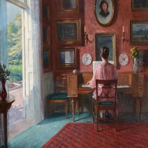 Interior With A Backturned Woman Palying The Piano by Robert Panitzsch