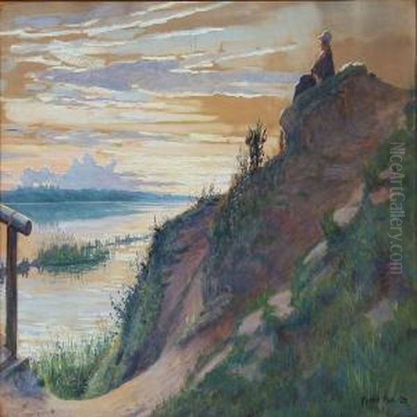 A Woman Looking At The Sunset Near A Fiord - view 1