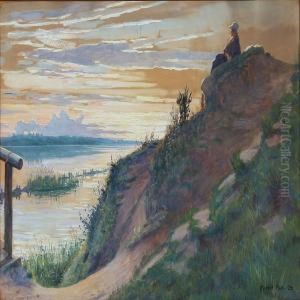 A Woman Looking At The Sunset Near A Fiord by Robert Panitzsch