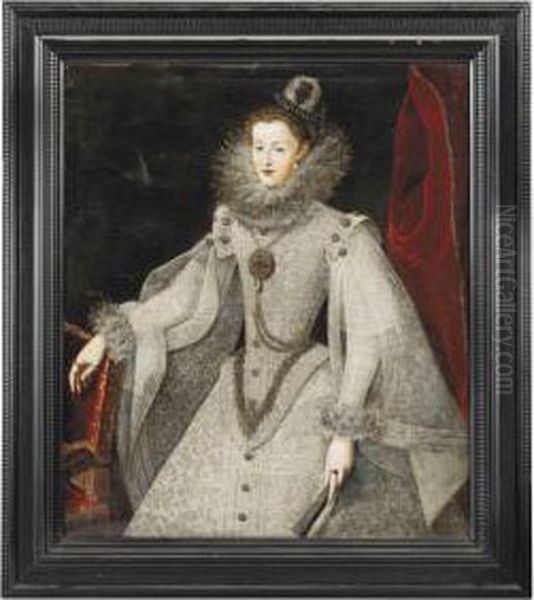 Cruz Portrait Of Margaret Of Austria, Queen Consort Of Spain Andportugal , Three-quarter-length, In A Richly Embroidereddress, Her Right Hand Resting On A Chair, Holding A Fan In Her Lefthand - view 1