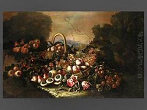 Fruchte, Bluten Und Korb Vor Tiefer Landschaft by Paolo Paoletti