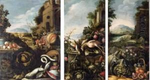 Leeks And Cabbages On A Ledge With Mushrooms, Figs, Onions Andcabbages By Ruins In A River Landscape by Paolo Paoletti
