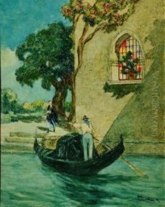 Veduta Veneziana Con Gondoliere E Dama