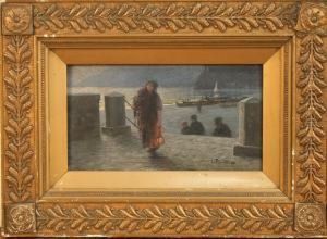 View Of A Harbour At Twilight With Figures Walking From Boats by Luigi Paolillo