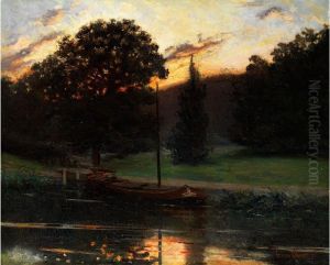 Kahn In Ruhigem Kanalwasser Vor Baumlandschaft Bei Sonnenuntergang by Luis Paret Y Alczar