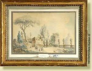 Sceneanimee Dans Un Parc A Rome, Aquarelle Et Mine De Plomb Sur Papier.attibuee A P.a. Paris. Ecole Francaise. (cadre D'epoque Lxvi Enbois Dore). Dim.: 23,5x37cm. by Pierre Adrien Paris