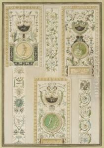 Design For An Arabesque Ornament Wall Panel With Putti, Animals And Flowers by Pierre Adrien Paris