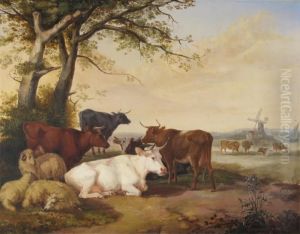 Cattle And Sheep In A Landscape, A Windmill Beyond Cattle And Sheep In A Landscape, A Windmill Beyond