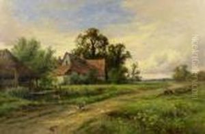 The Young Angler - A Boy Fishing In A Pond With Farmhouse Beyond