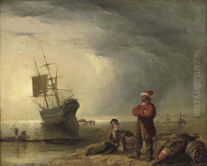 A Beached Brig At Low Tide With Fishermen On The Foreshore by Henry Perlee Parker