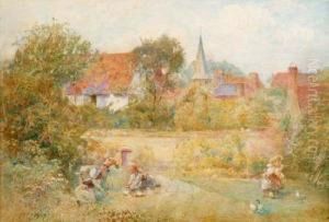 Figures And A Goat On A Riverbank, Church And Town