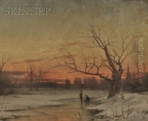 Two Figures On A Frozen Winter Stream At Dusk